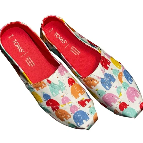 NWT TOMS Alpargata White Colorful Elephant Print Shoes, sz 7.5 - Picture 5 of 8